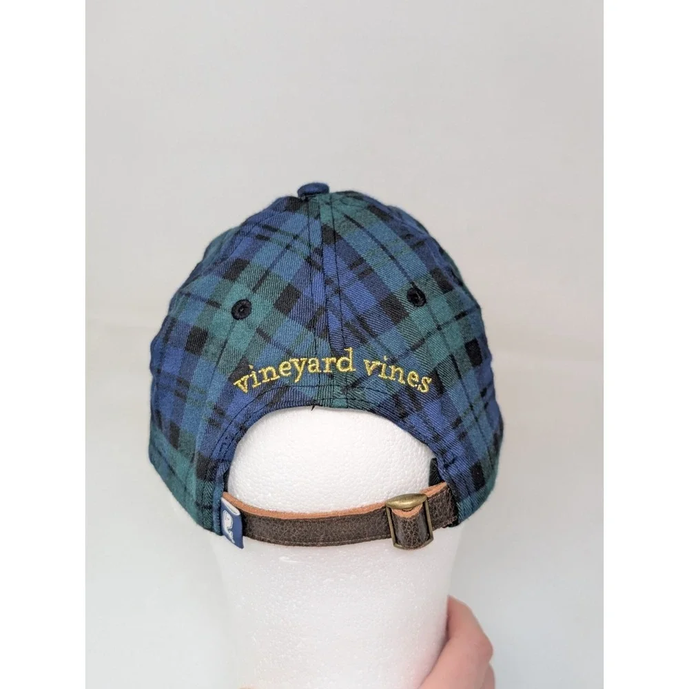 Vineyard Vines Black Watch Plaid Baseball Har Cap Leather Strap Blue Green Golf‎